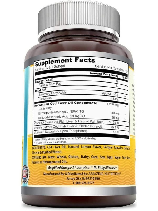 Amazing Omega, Norwegian Cod Liver Oil, 1250 mg, Fresh Lemon Flavor, 120 Softgels Online