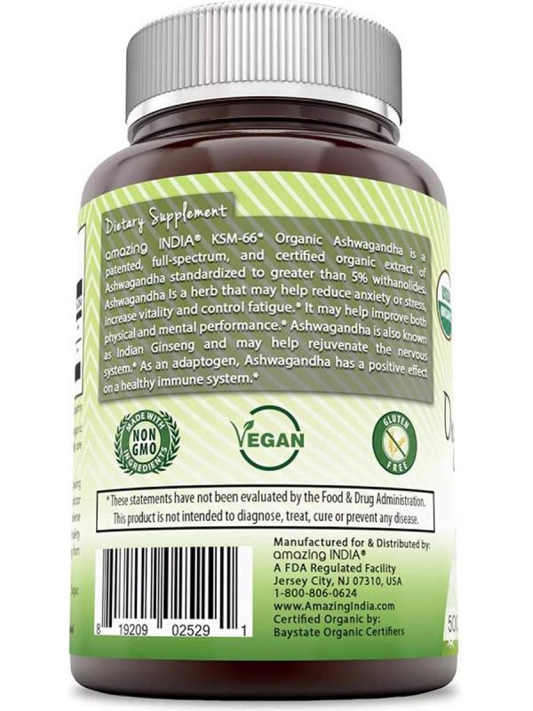 Amazing India, KSM-66, Organic Ashwagandha, 500 mg, 120 Organic Tablets on Sale